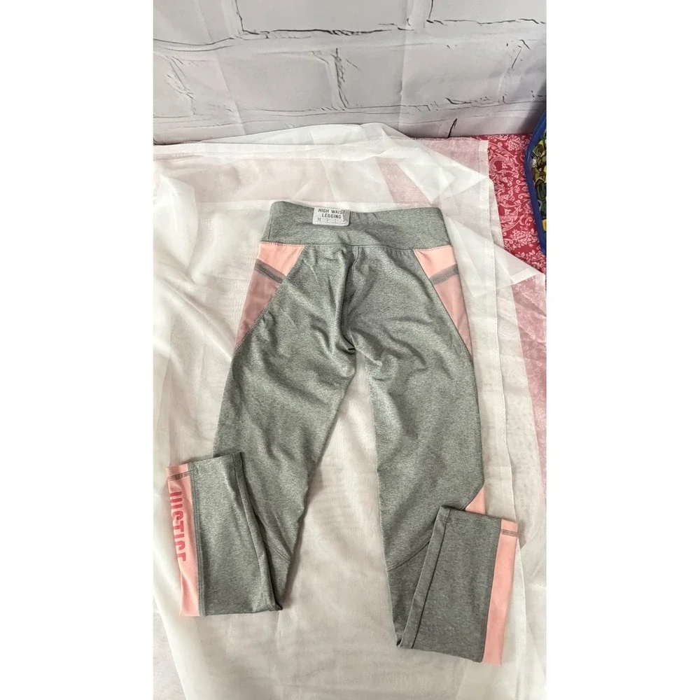 Justice Active Girls High Waist Leggings Gray Pink Mesh Athletic Pants 14/16 NWT